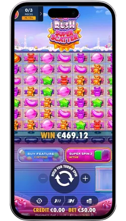 Sugar Rush Super Scatter Slot s'obtiennent par des blocs d'au moins 5 symboles identiques connectés horizontalement ou verticalement.
